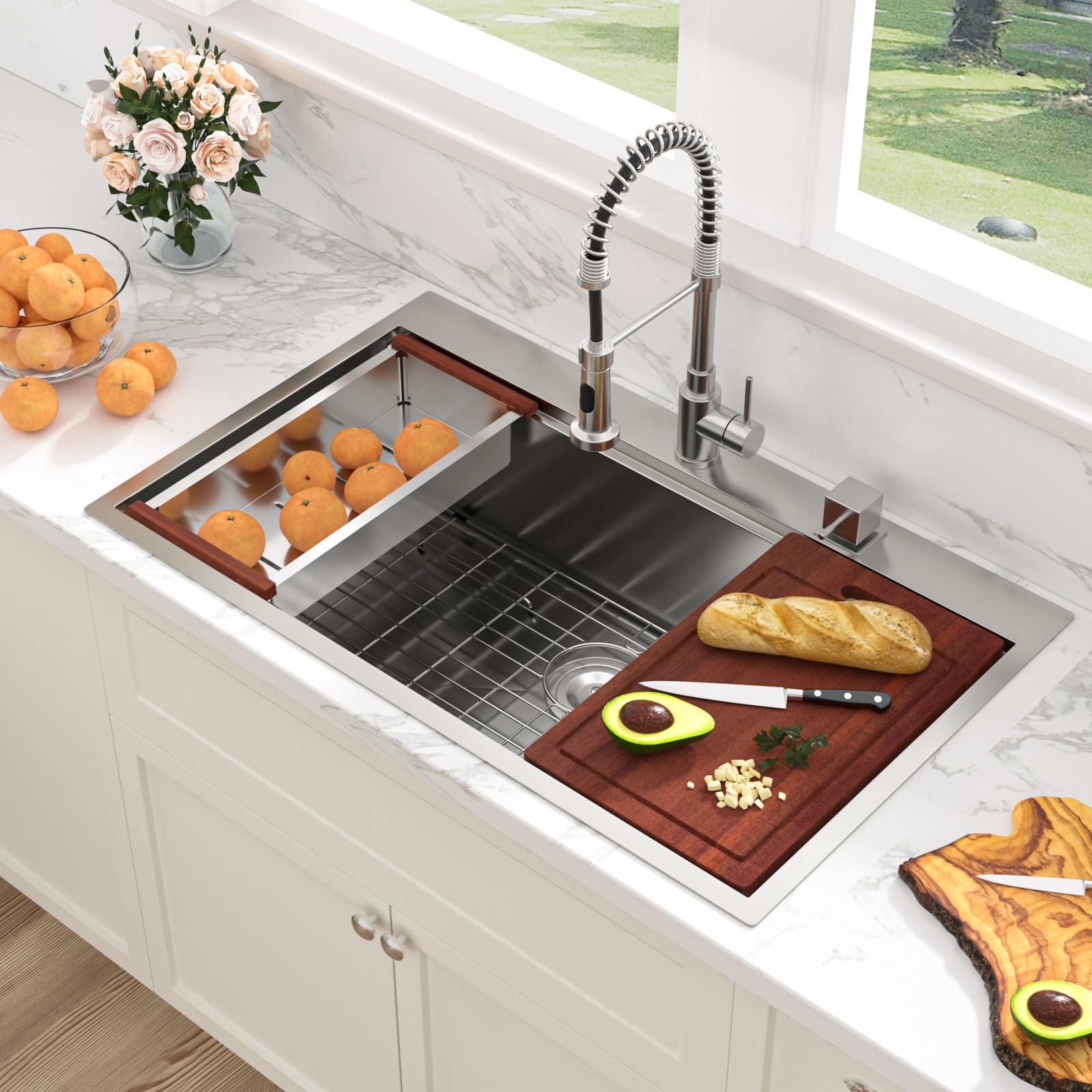 Sarlai 36in Drop In Double Bowl 60/40 Low Divide Stainless Steel Workstation Kitchen Sink