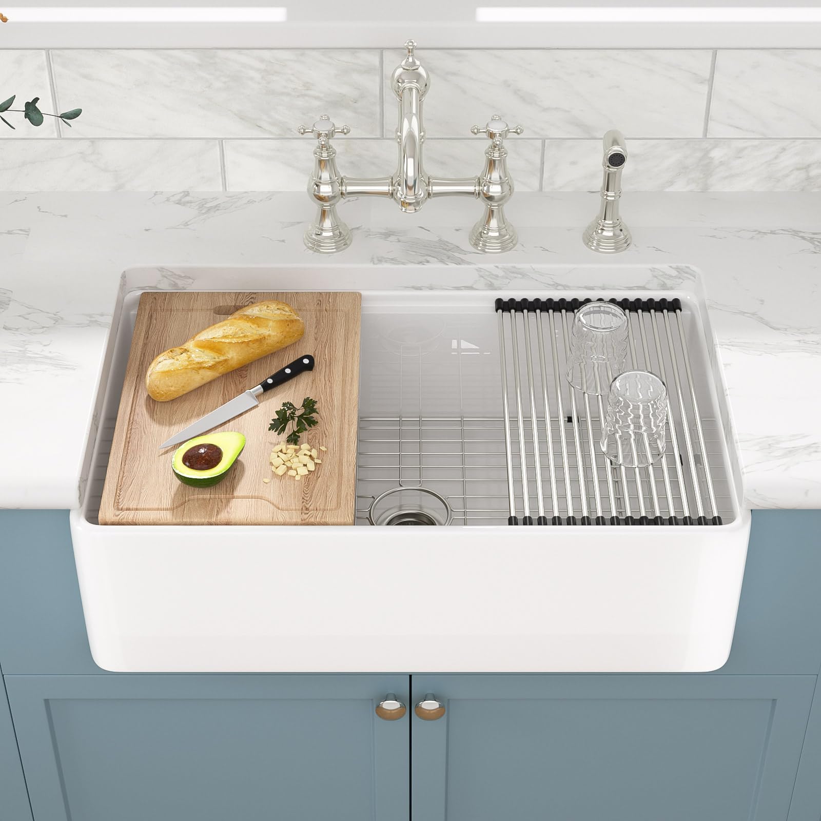 Sarlai 33''x20'' White Fireclay Farmhouse Kitchen Sink, Apron Front Single Bowl Undermount Workstation Ceramic Farm Sink with Complete Accessories