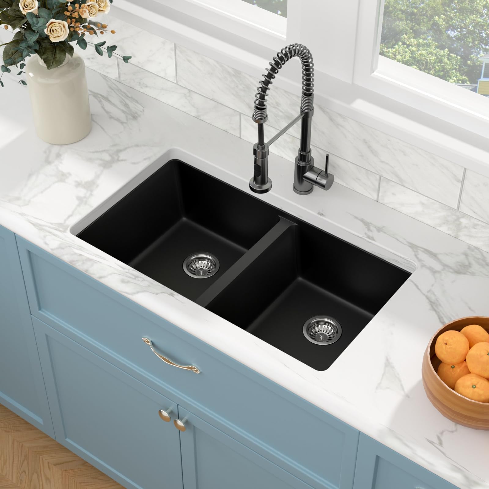 Sarlai 33''x19'' Matte Black Granite Composite Sink, 50/50 Double Bowl Undermount Kitchen Basin with Accessories Secondary image