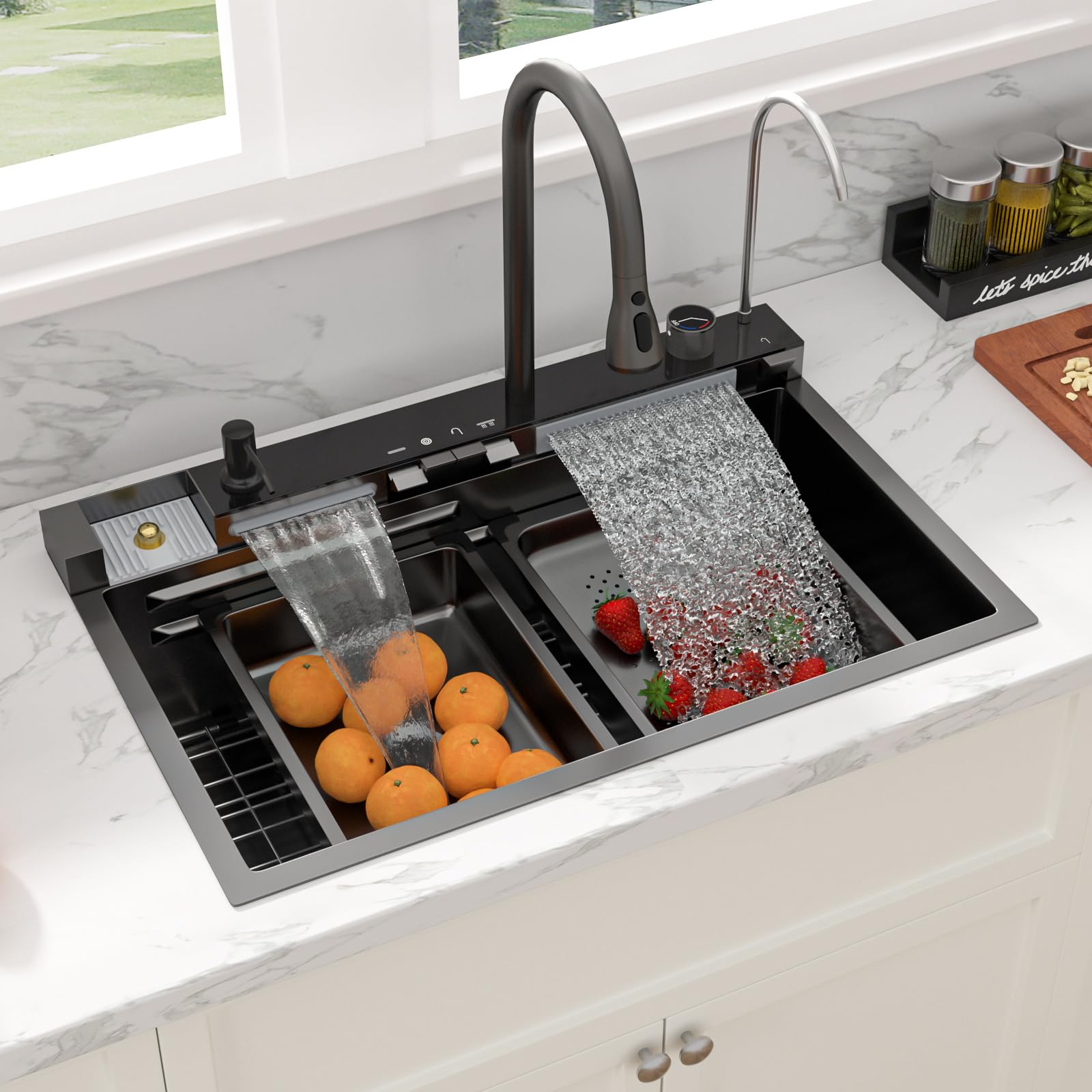 Sarlai 30'' Digital Display Drop In Waterfall Single Bowl Stainless Steel Workstation Kitchen Sink Secondary image