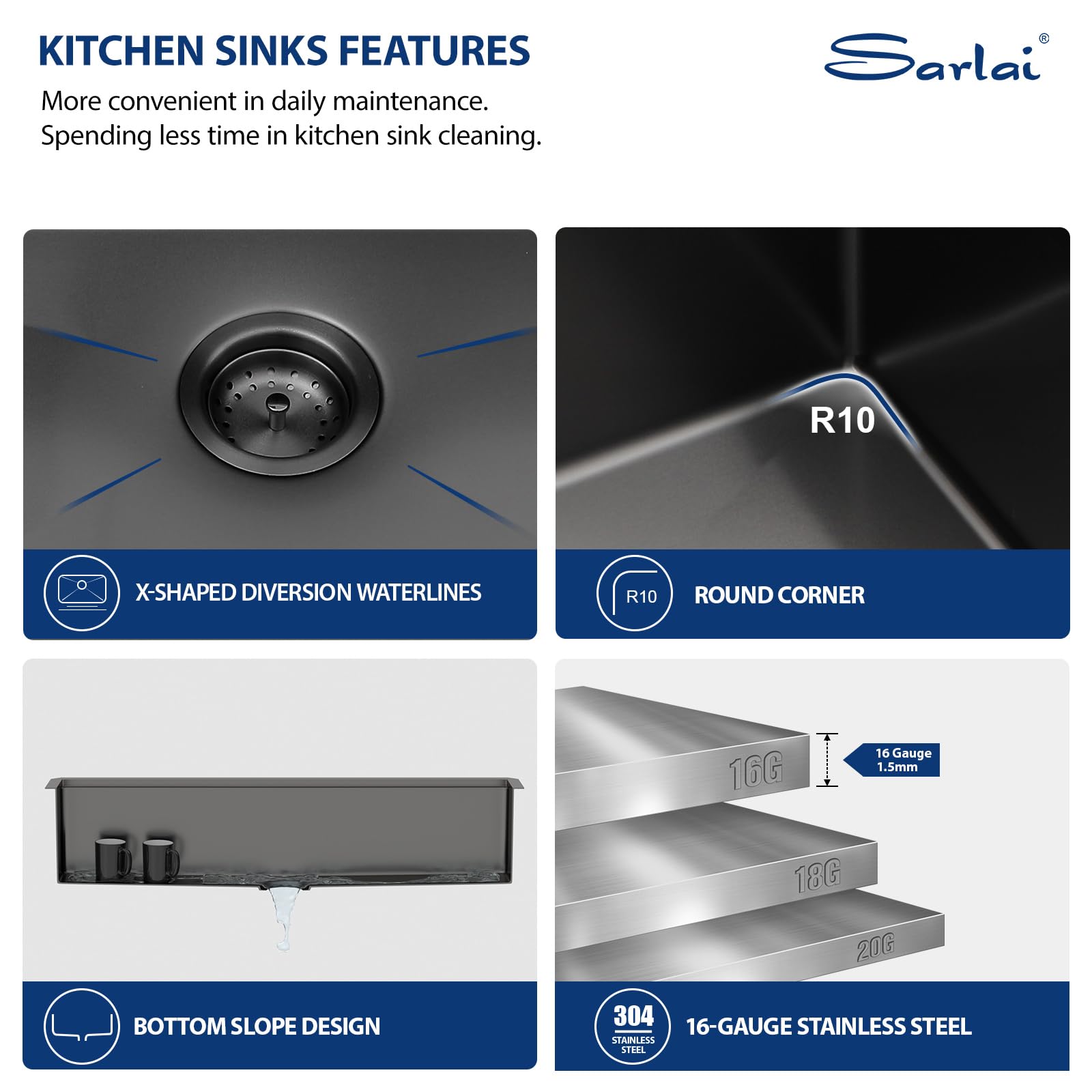 Sarlai 45'' Gunmetal Black NANO-PVD Undermount Workstation Kitchen Sink, 16 Gauge Stainless Steel Round Corner Single Bowl Basin