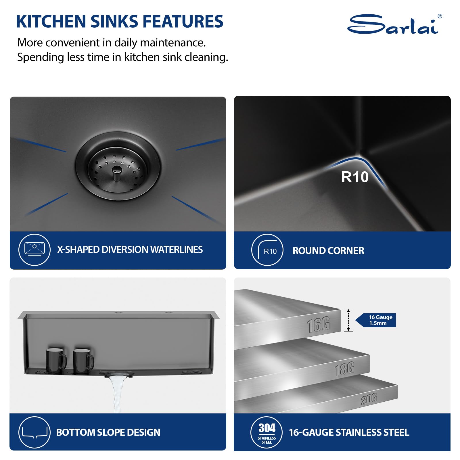 Sarlai 33in Black Drop In Single Bowl Stainless Steel Workstation Kitchen Sink