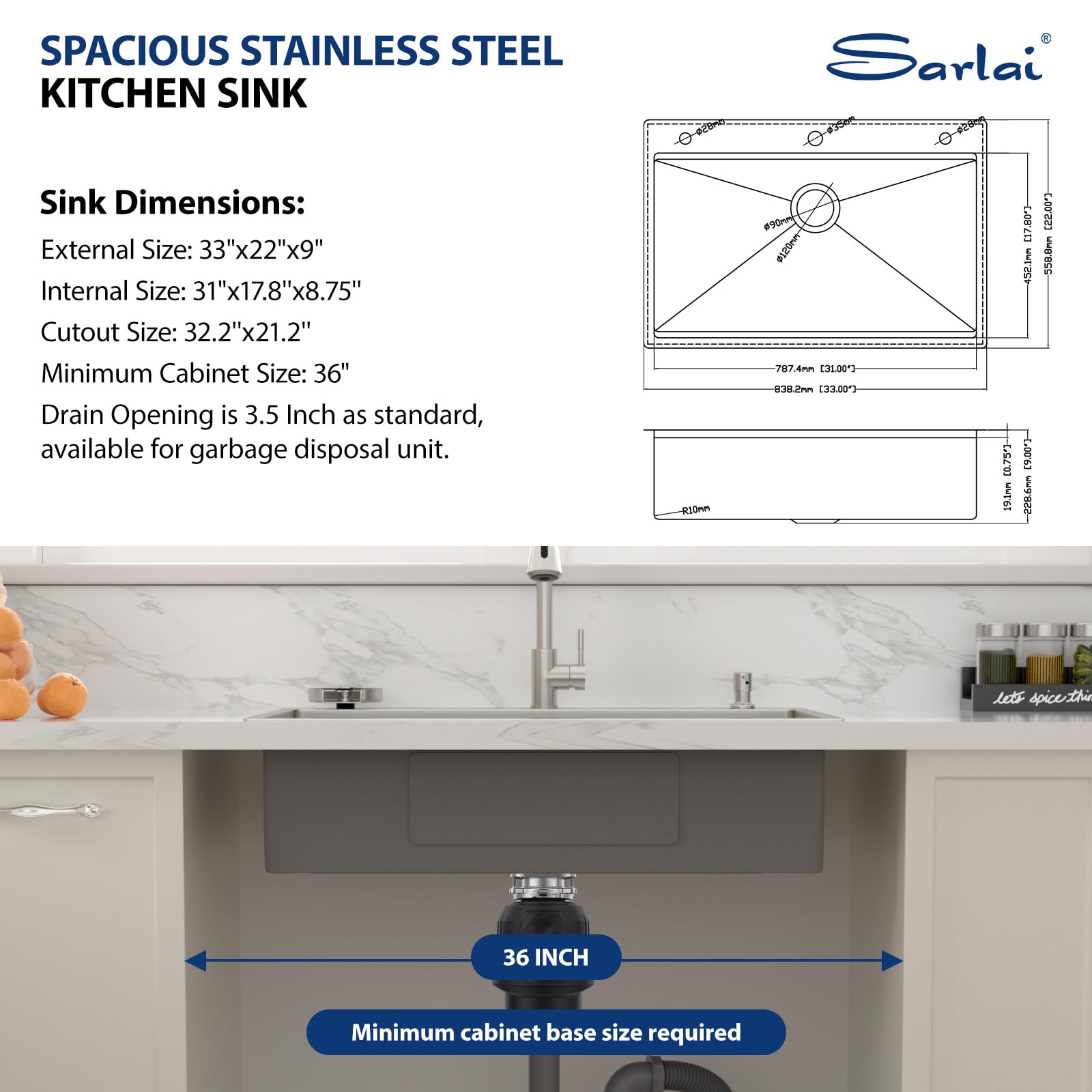 Sarlai 33''x22'' Drop-In Workstation Stainless Steel Sink, 16 Gauge Topmount Single Bowl with Cup Rinser, Soap Dispenser & Kitchen Faucet
