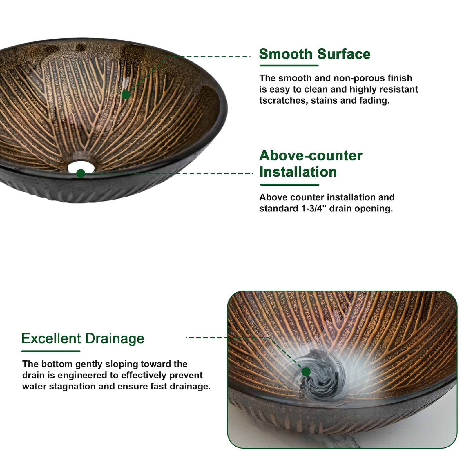 Sarlai 16.5''x16.5'' Brown Round Tempered Glass Bathroom Vessel Sink, Countertop Basin with Pop-up Drain Combo
