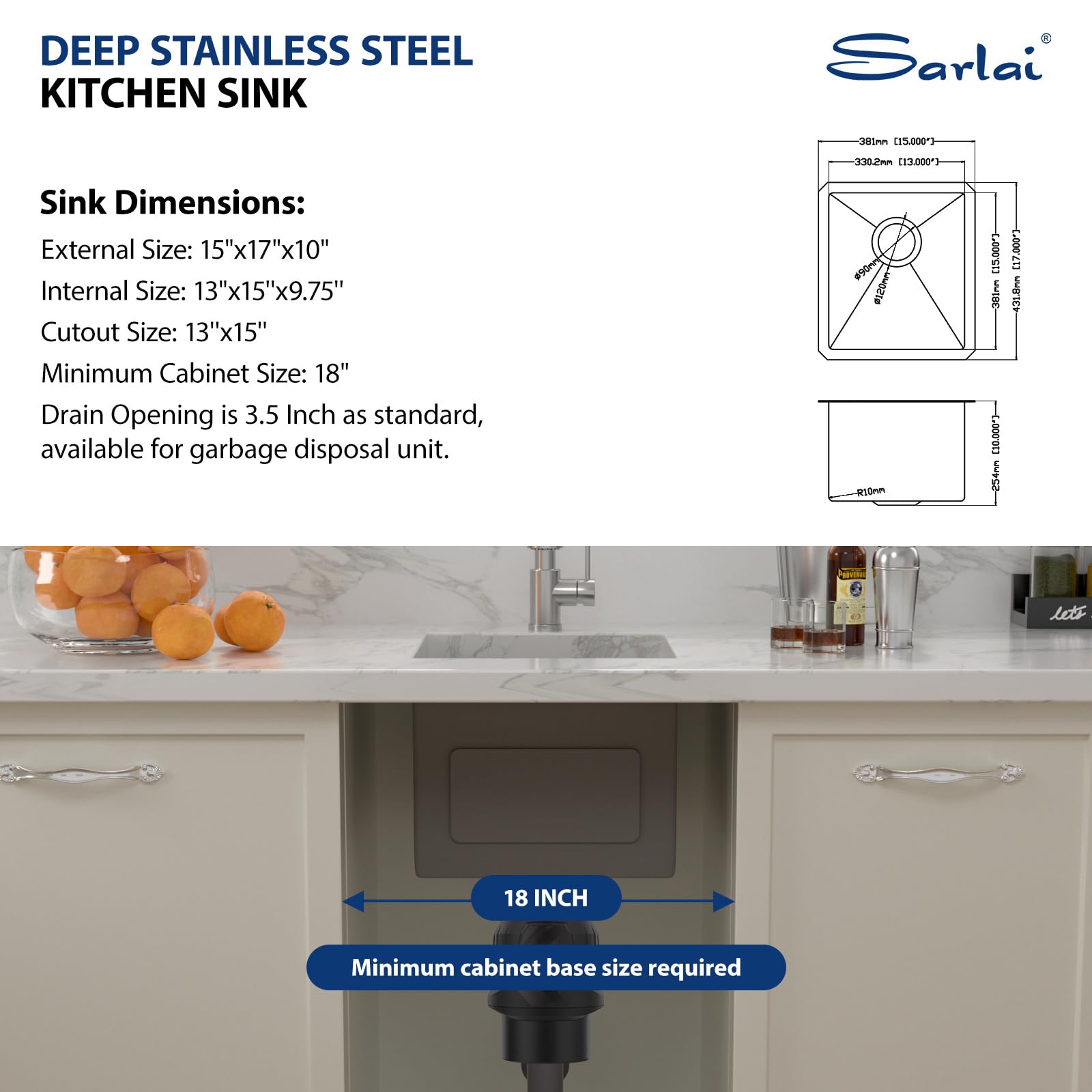 Sarlai 15''x17'' Stainless Steel Undermount Single Bowl Prep Bar Sink