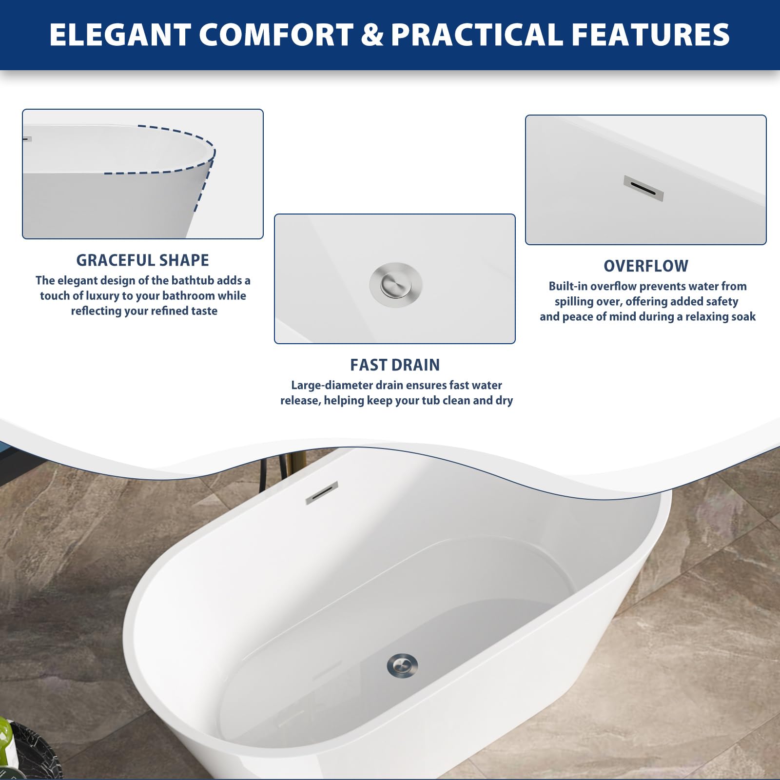 Sarlai Modern Oval White Acrylic Freestanding Bathtub with Black Drain