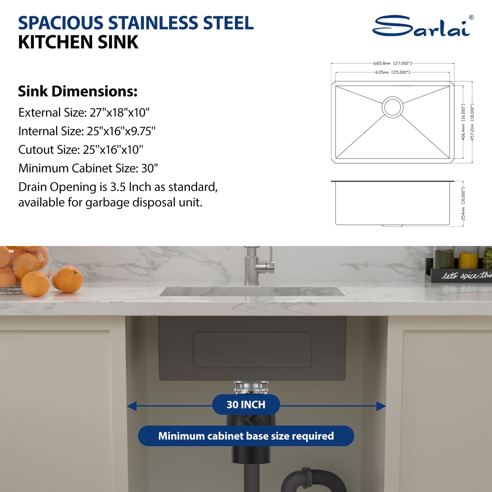 Sarlai 27'' x 18'' Stainless Steel Single Bowl Undermount Kitchen Sink
