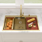 Sarlai 33''x22'' Gold Nano PVD Drop-In Workstation Kitchen Sink, 16 Gauge Stainless Steel Topmount Single Bowl with Pull-out Kitchen Faucet
