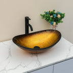 Sarlai 21''x14'' Boat Shape Bathroom Vessel Sink, Modern Artistic Tempered Glass Countertop Basin for Lavatory Vanity Cabinet with Black Faucet & Pop-up Drain Set