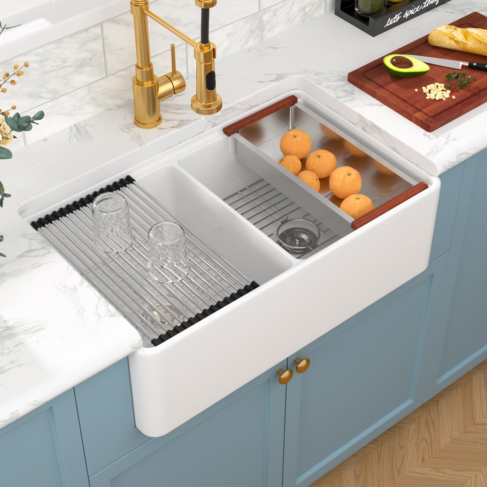 Sarlai 33'' 50/50 Double Bowl Reversible Apron Front White Fireclay Farmhouse Sink, Workstation Ceramic Porcelain Deep Rectangular Farm Kitchen Basin Secondary image