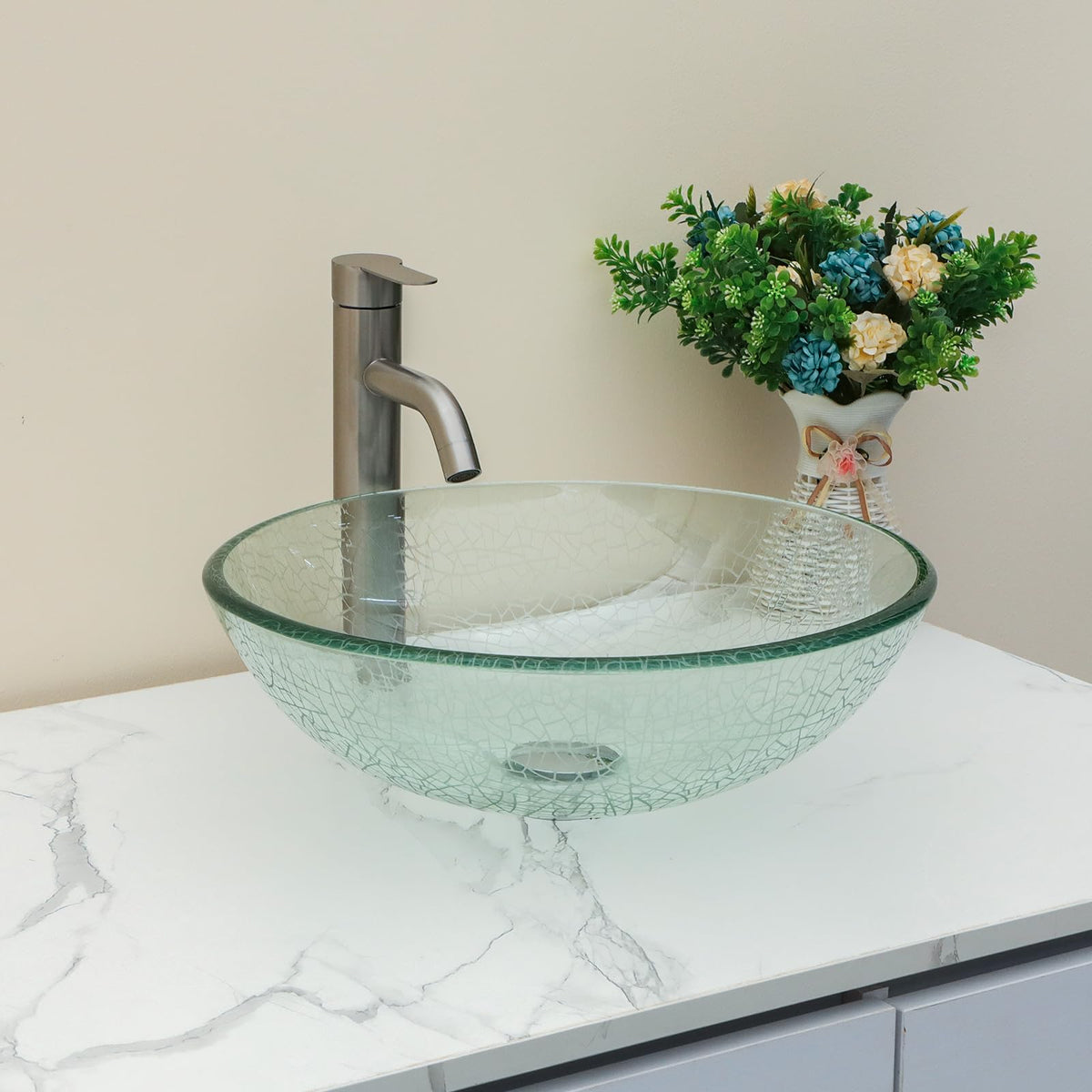 Sarlai 16.5''x16.5'' Artistic Round Tempered Glass Bathroom Vessel Sink, Vanity Countertop Basin with Pop-up Drain Main image