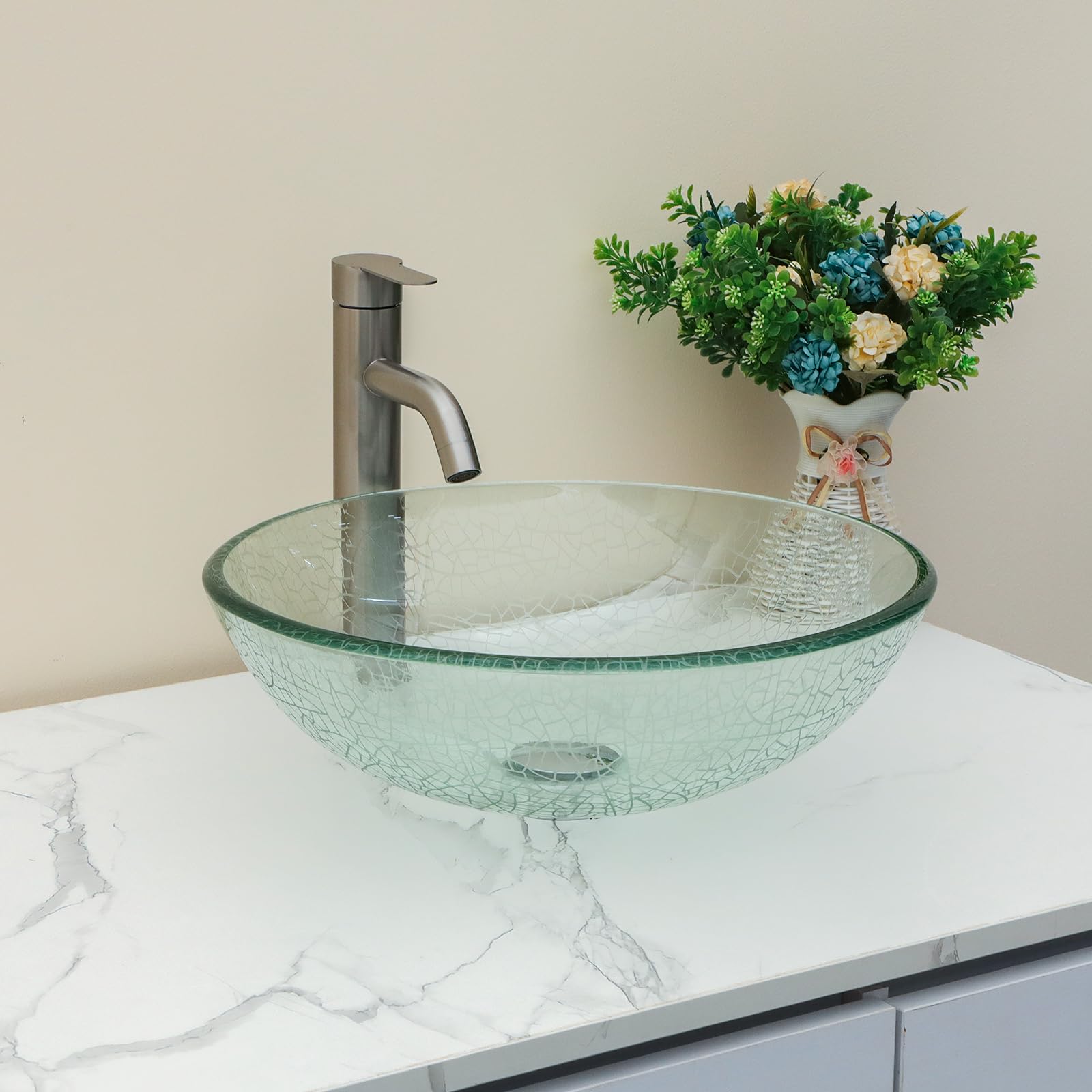 Sarlai 16.5''x16.5'' Artistic Round Tempered Glass Bathroom Vessel Sink, Vanity Countertop Basin with Pop-up Drain