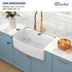 Sarlai 33''x19'' Curved Apron Front White Vitreous Fireclay Farmhouse Sink, Single Bowl Porcelain Ceramic Farm Kitchen Basin
