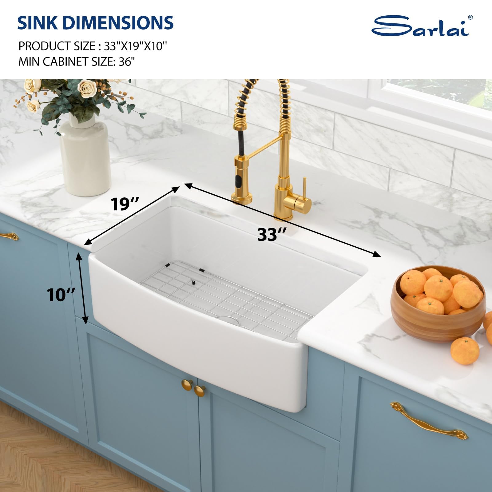 Sarlai 33''x19'' Curved Apron Front White Vitreous Fireclay Farmhouse Sink, Single Bowl Porcelain Ceramic Farm Kitchen Basin