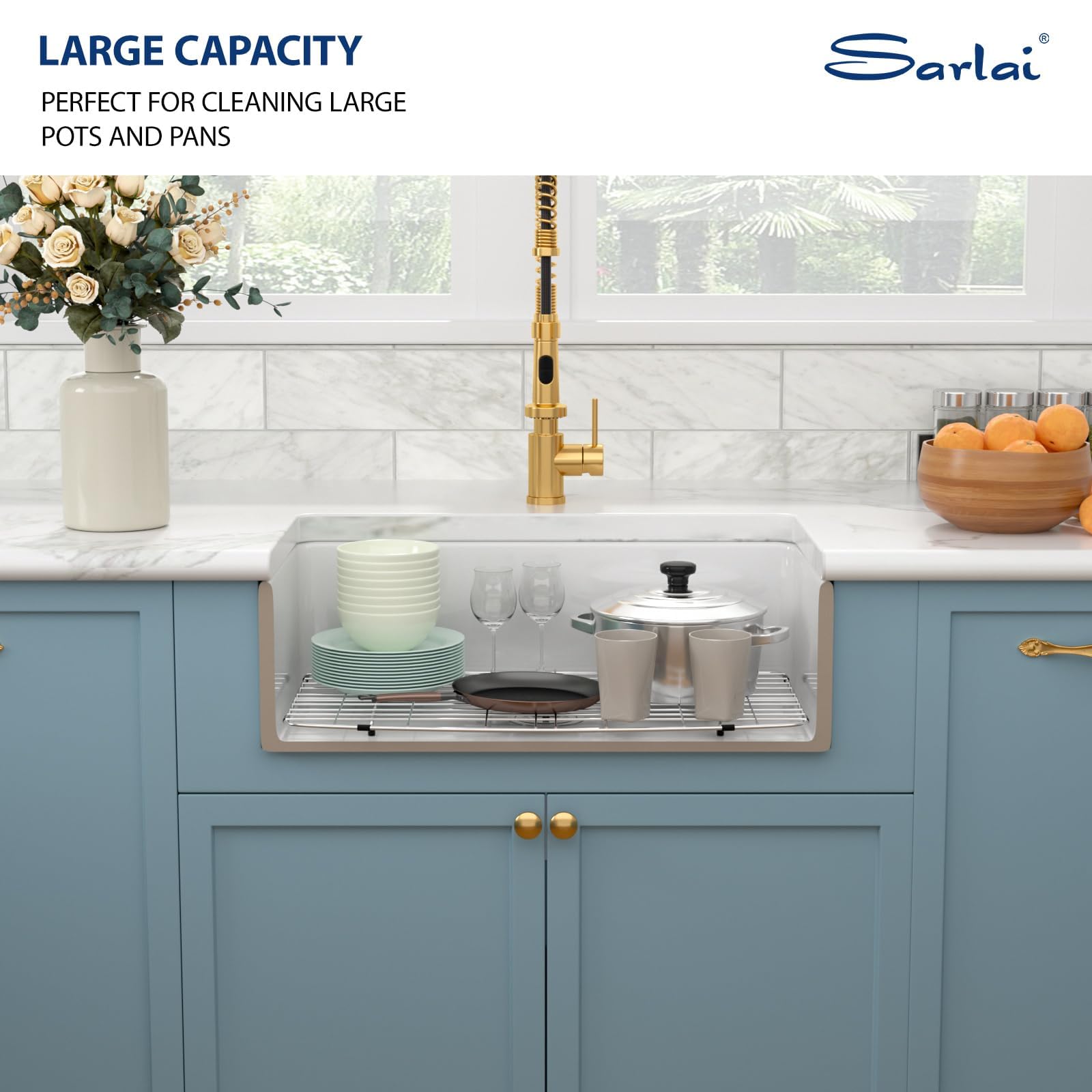 Sarlai 33''x19'' Curved Apron Front White Vitreous Fireclay Farmhouse Sink, Single Bowl Porcelain Ceramic Farm Kitchen Basin
