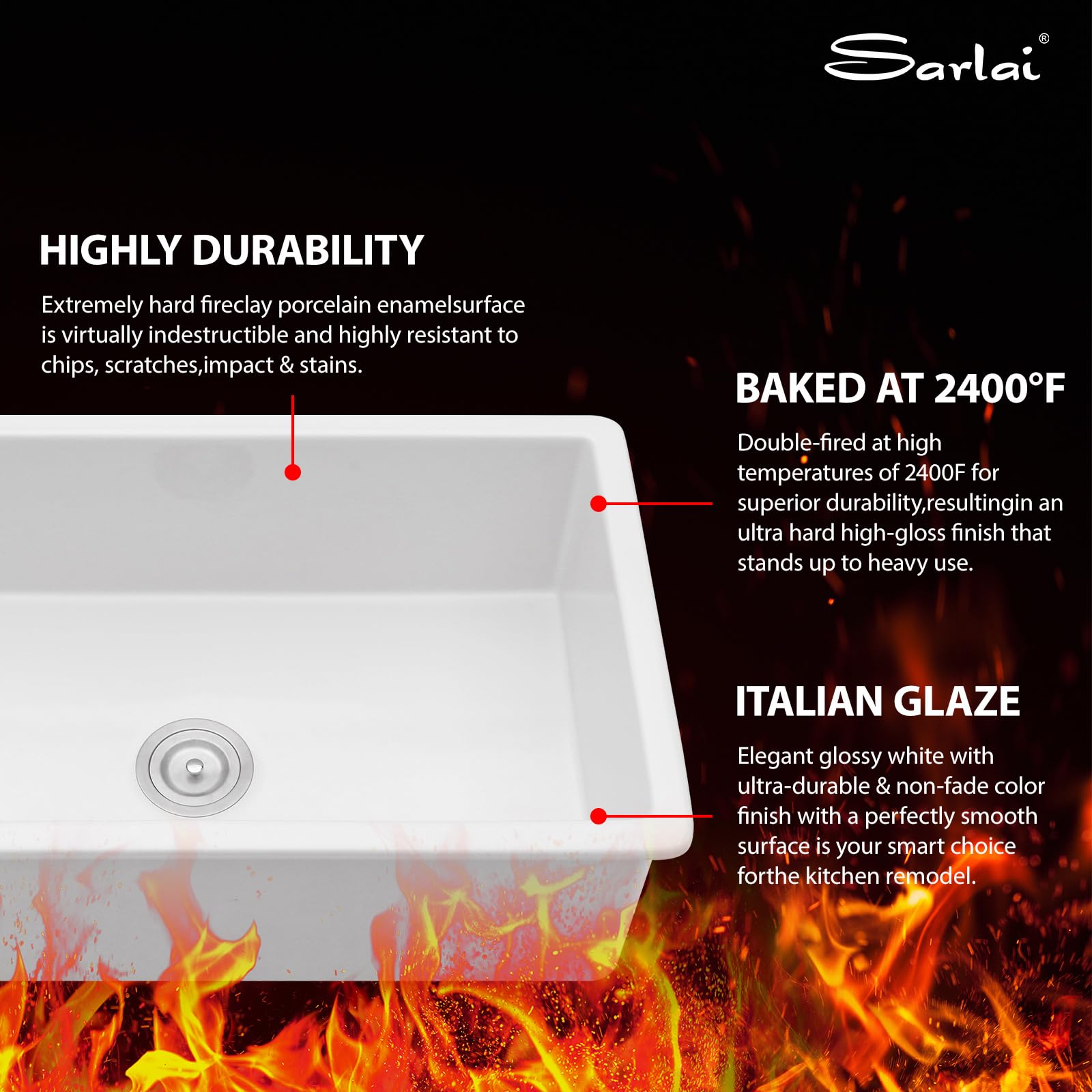 Sarlai 32in White Undermount Single Bowl Fireclay Ceramic Kitchen Sink