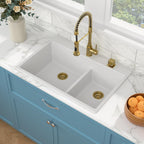 Sarlai 33''x22'' 60/40 Low Divide Double Bowl White Granite Composite Kitchen Sink, Drop-In Ledge Workstation Quartz Composite Above Counter Basin with Gold Accessories
