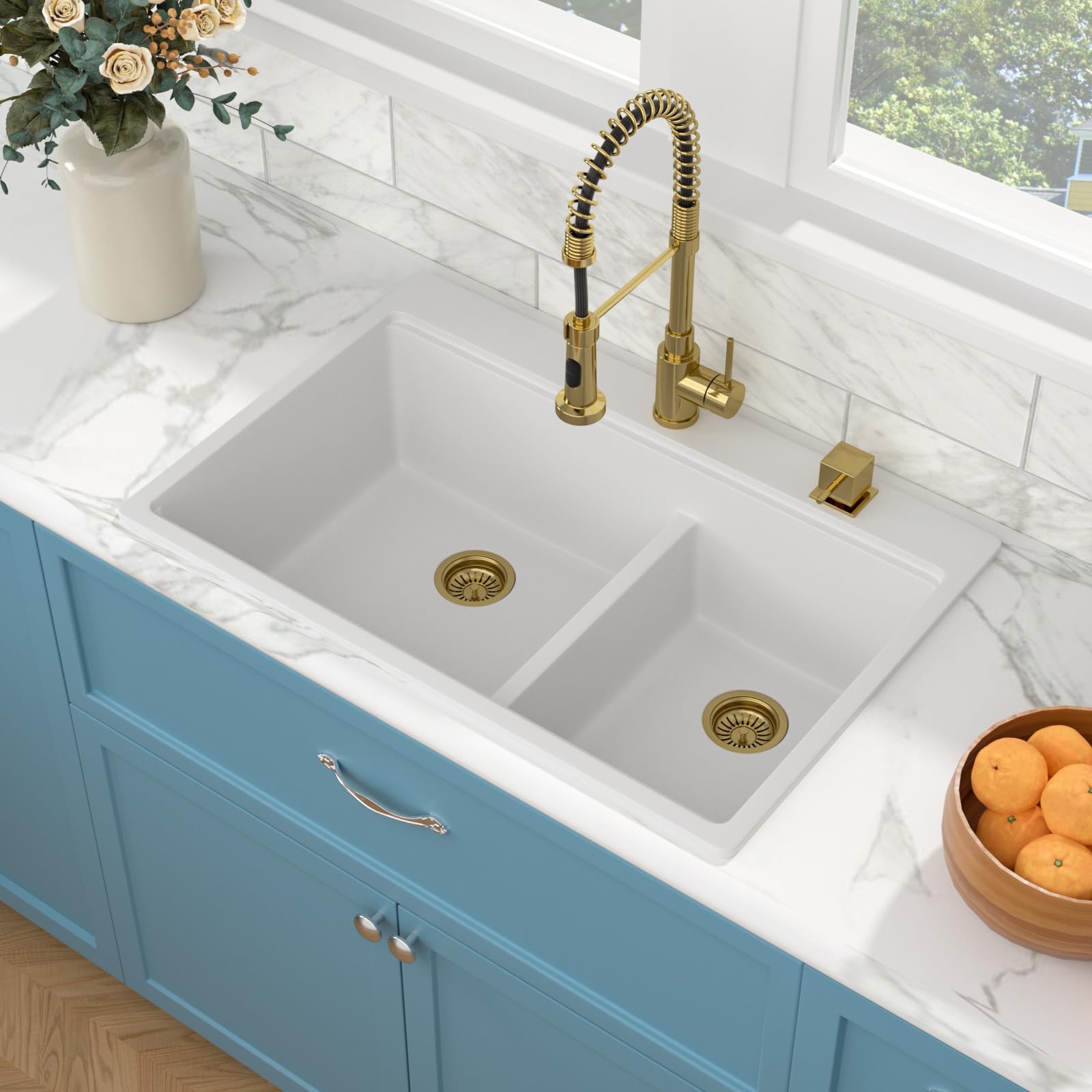 Sarlai 33''x22'' 60/40 Low Divide Double Bowl White Granite Composite Kitchen Sink, Drop-In Ledge Workstation Quartz Composite Above Counter Basin with Gold Accessories