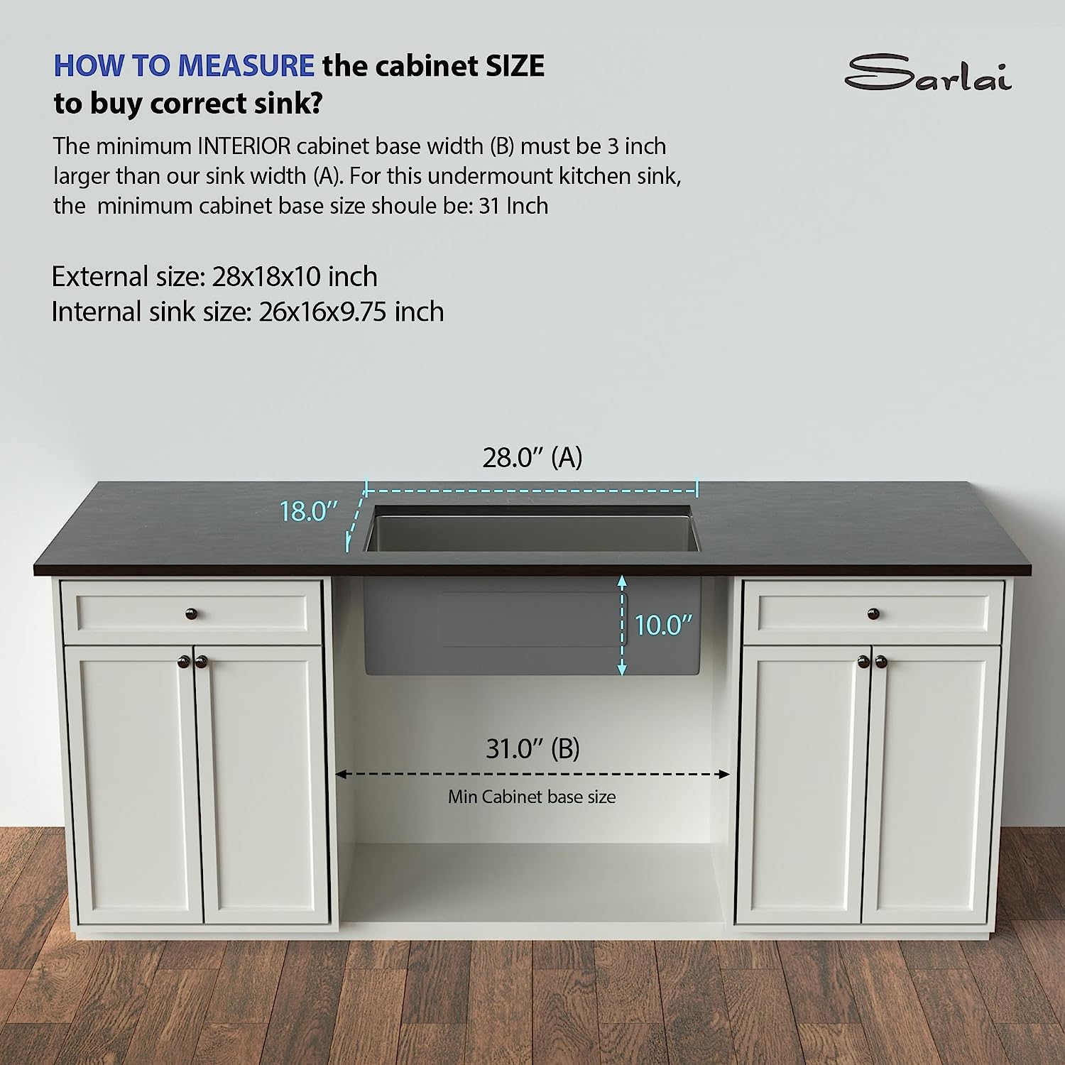 Sarlai 28'' Undermount Stainless Steel Single Bowl Kitchen Sink