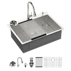 Sarlai 30''x22'' Deep Drop-In Stainless Steel Kitchen Sink, 16 Gauge Topmount Single Bowl with Cup Rinser, Soap Dispenser & Faucet