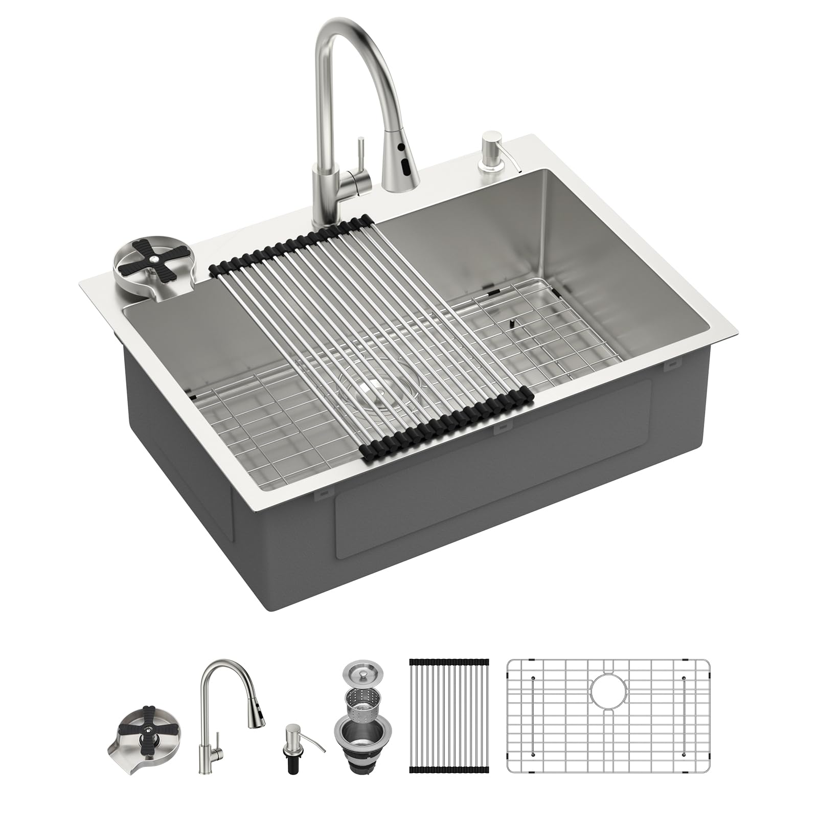 Sarlai 30''x22'' Deep Drop-In Stainless Steel Kitchen Sink, 16 Gauge Topmount Single Bowl with Cup Rinser, Soap Dispenser & Faucet