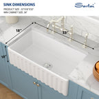 Sarlai 33''x18'' Reversible Apron Front White Fireclay Farmhouse Sink, Single Bowl Undermount Ceramic Kitchen Farmer Basin