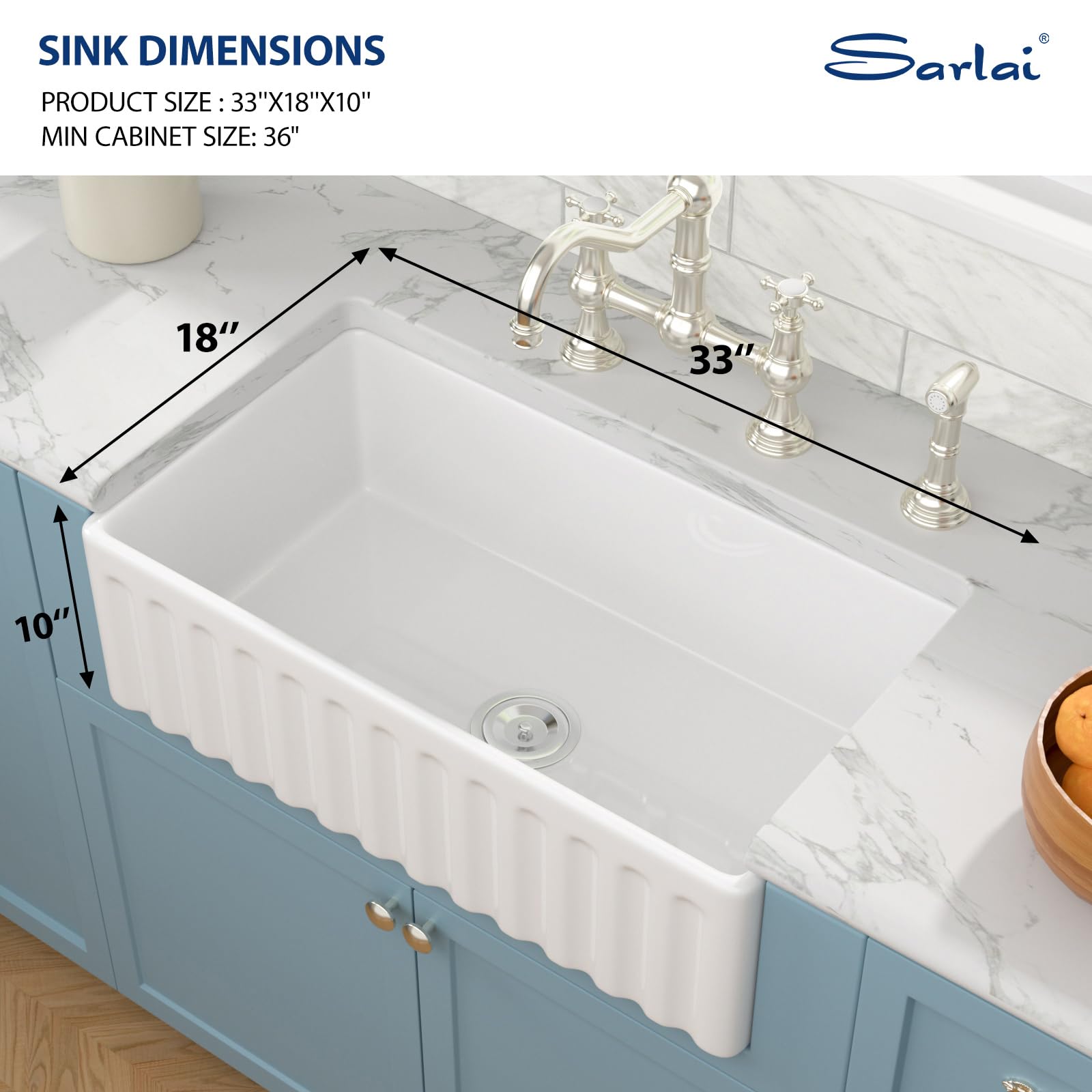 Sarlai 33''x18'' Reversible Apron Front White Fireclay Farmhouse Sink, Single Bowl Undermount Ceramic Kitchen Farmer Basin