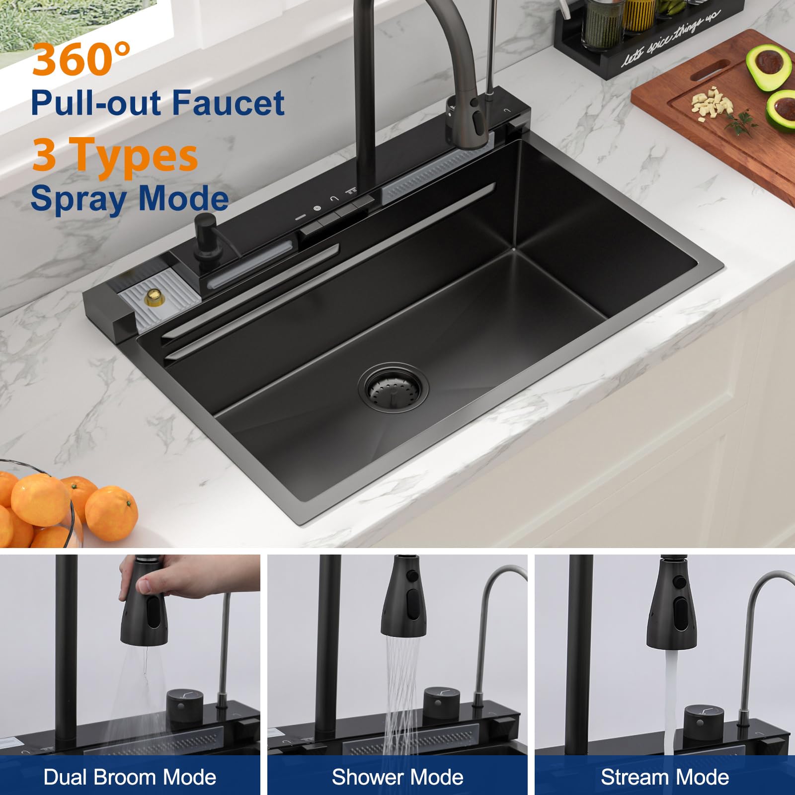 Sarlai 30'' Digital Display Drop In Waterfall Single Bowl Stainless Steel Workstation Kitchen Sink