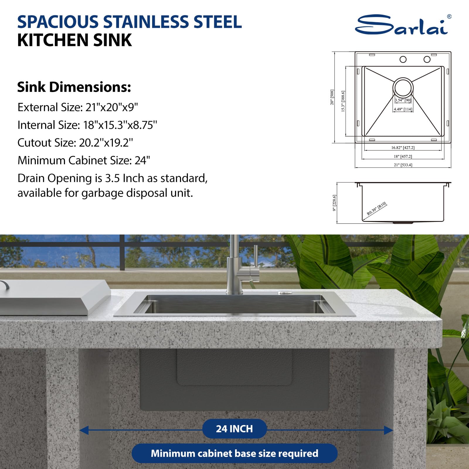 Sarlai 21'' Stainless Steel Drop-in Single Bowl Workstation Outdoor Sink