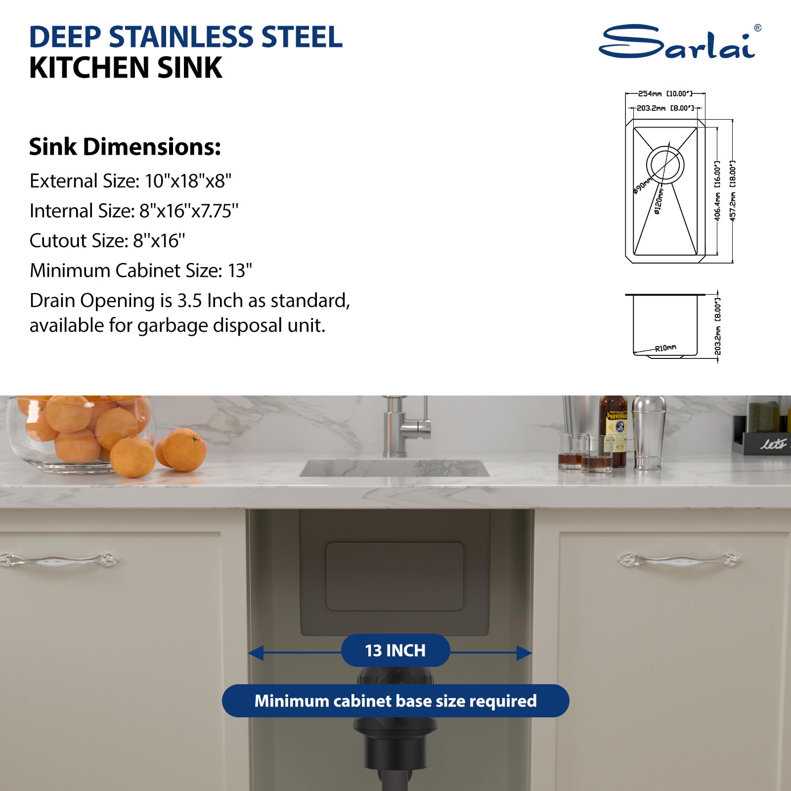 Sarlai Stainless Steel Bar Sink Undermount - 10''x18''x8'' Undermount Bar Prep RV Small Kitchen Sink 16 Gauge Stainless Steel Single Bowl Under Counter Small Outdoor Sinks Basin