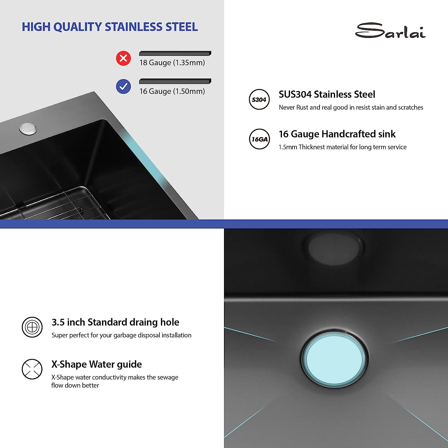 Sarlai 28'' Stainless Steel Topmount Gunmetal Black Single Bowl Kitchen Sink
