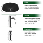 Sarlai 18.5''x14.38'' Matte Black Tempered Glass Bathroom Vessel Sink, Countertop Basin with Faucet & Pop-up Drain Combo