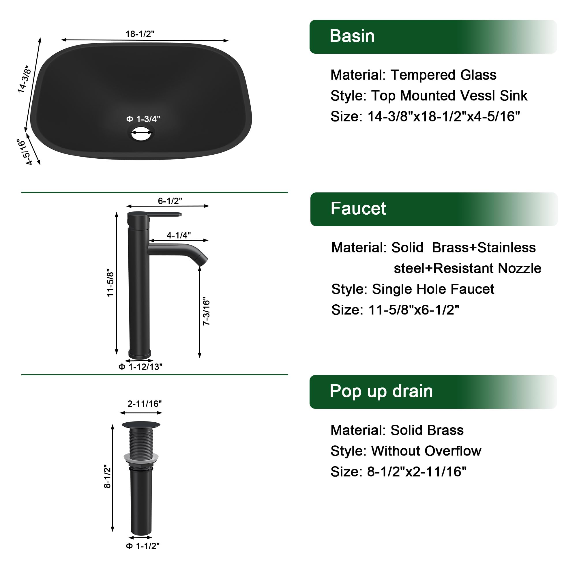 Sarlai 18.5''x14.38'' Matte Black Tempered Glass Bathroom Vessel Sink, Countertop Basin with Faucet & Pop-up Drain Combo
