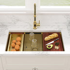 Sarlai 33''x19'' Gold Stainless Steel Undermount Kitchen Sink, 16 Gauge Deep Single Bowl Workstation Rectangular Basin