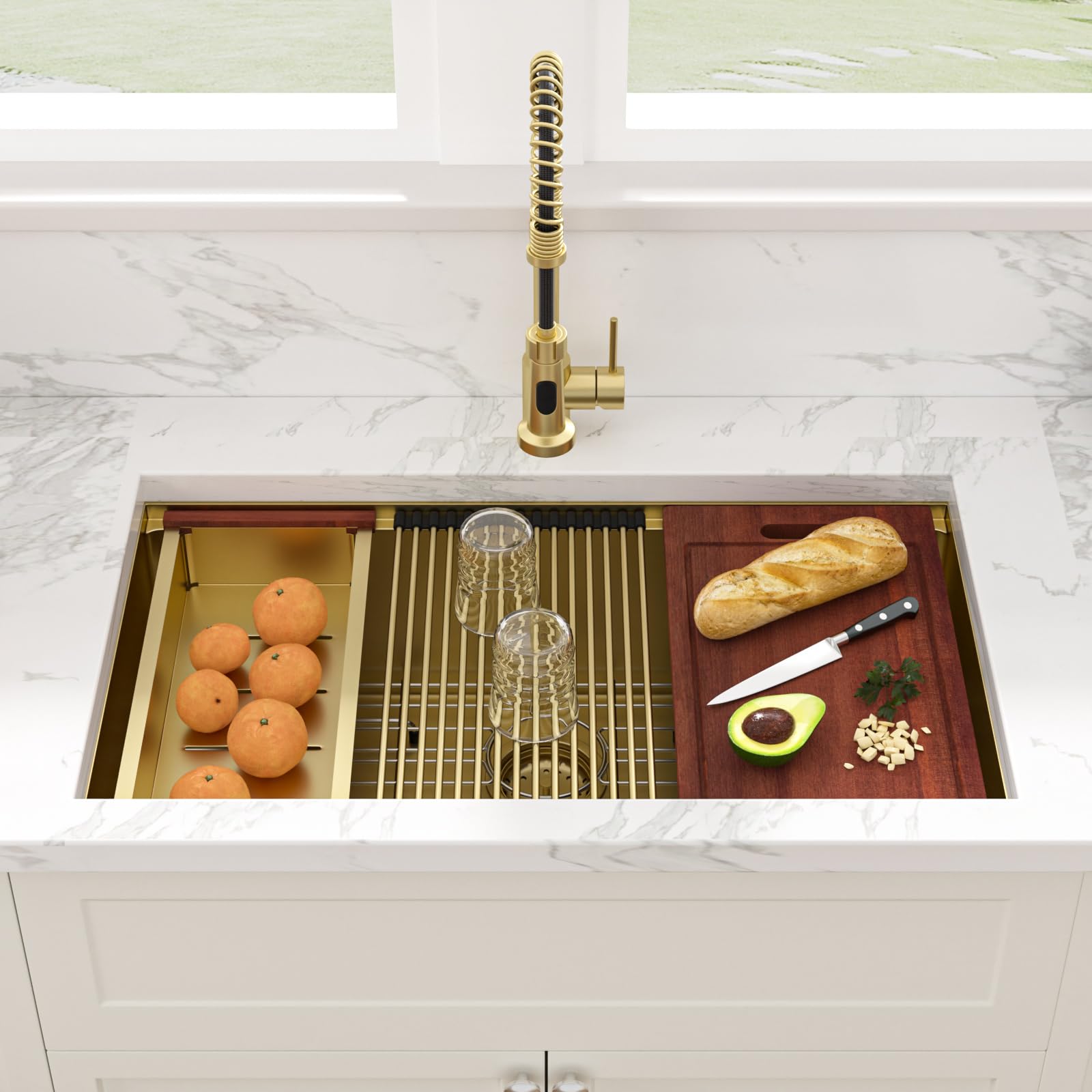 Sarlai 33''x19'' Gold Stainless Steel Undermount Kitchen Sink, 16 Gauge Deep Single Bowl Workstation Rectangular Basin