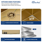 Sarlai 45'' Gold NANO-Tech Undermount Workstation Kitchen Sink, 16 Gauge Stainless Steel Round Corner Single Bowl Basin