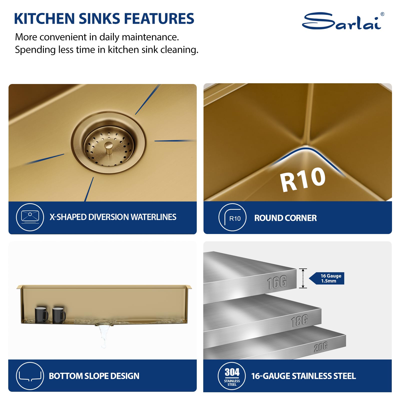 Sarlai 45'' Gold NANO-Tech Undermount Workstation Kitchen Sink, 16 Gauge Stainless Steel Round Corner Single Bowl Basin