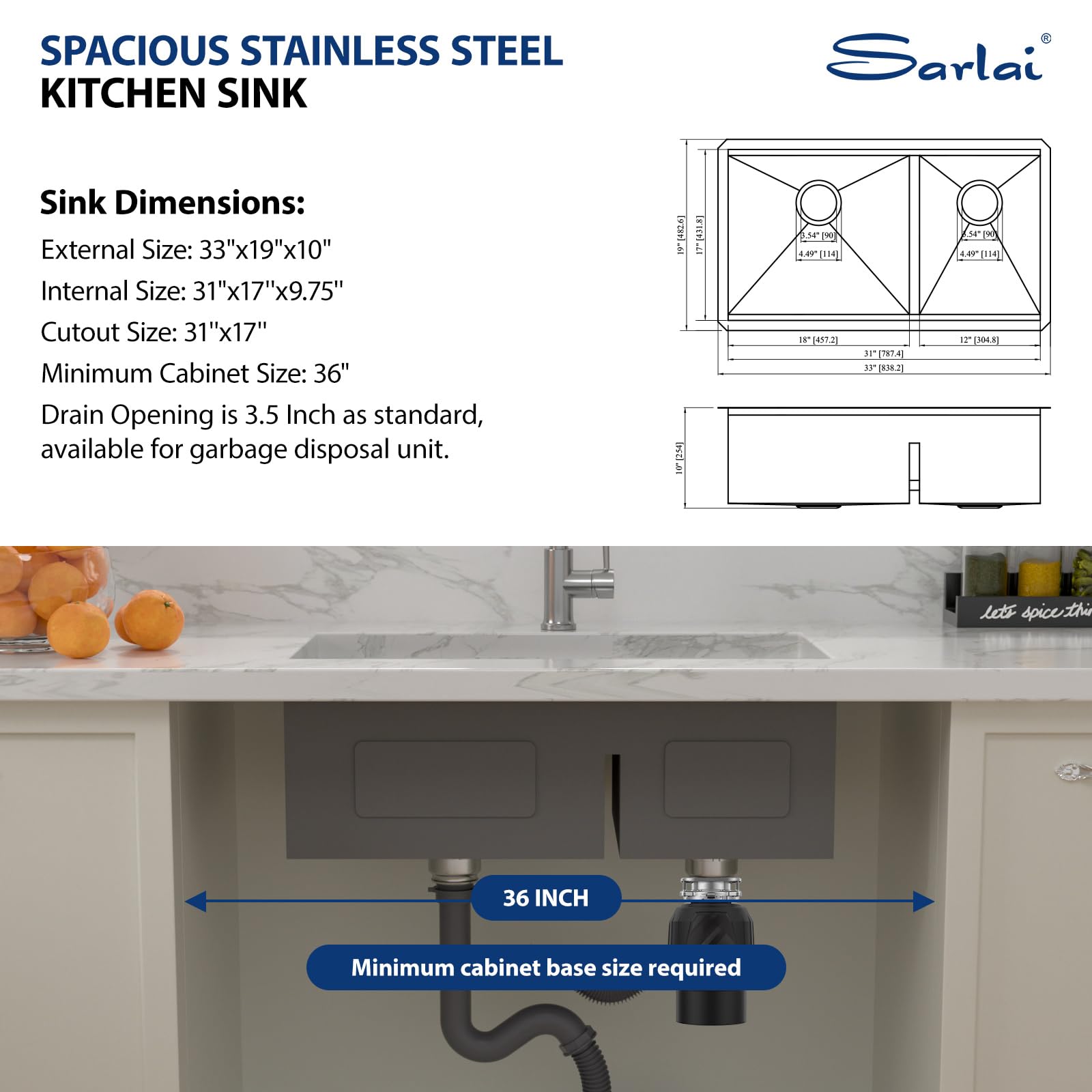Sarlai 33'' Undercounter Low Divide Double Bowl 60/40 Stainless Steel Workstation Kitchen Sink