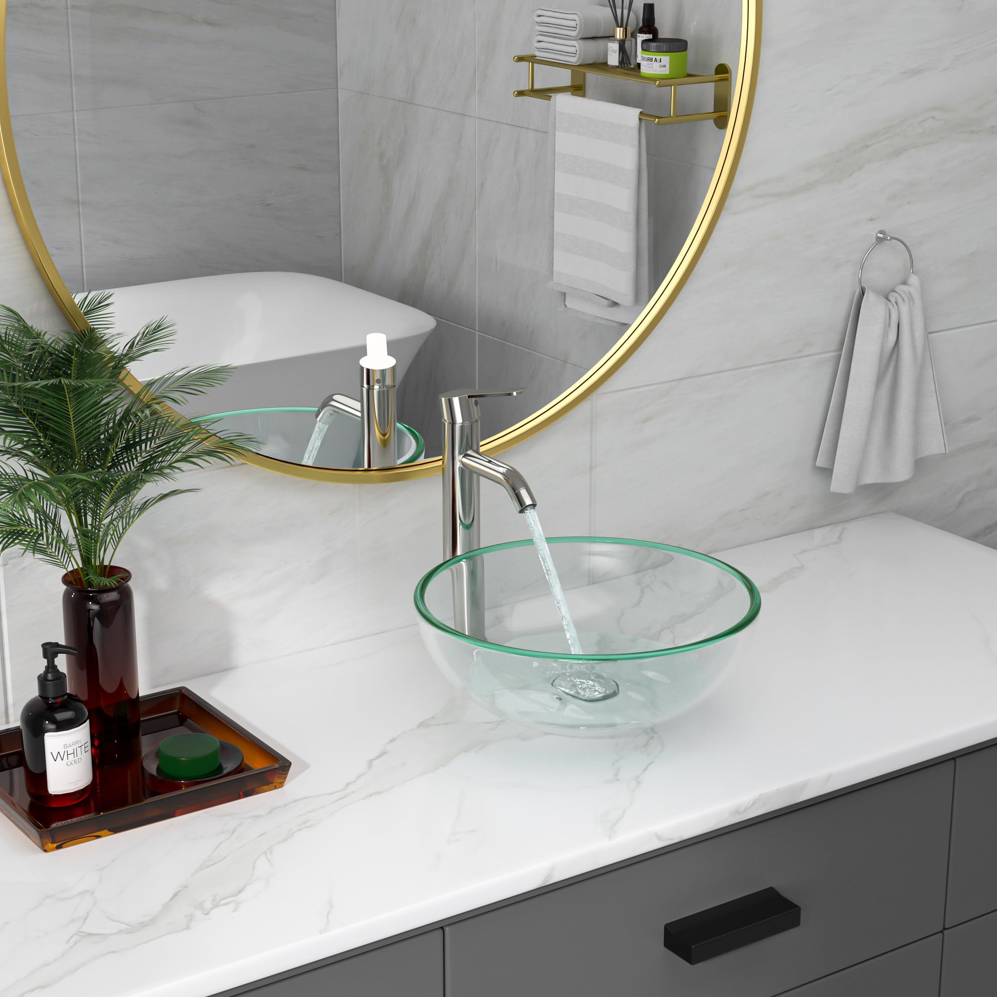 Sarlai 16.5''x16.5'' Transparent Round Tempered Glass Bathroom Vessel Sink, Countertop Basin with Faucet & Pop-up Drain Combo