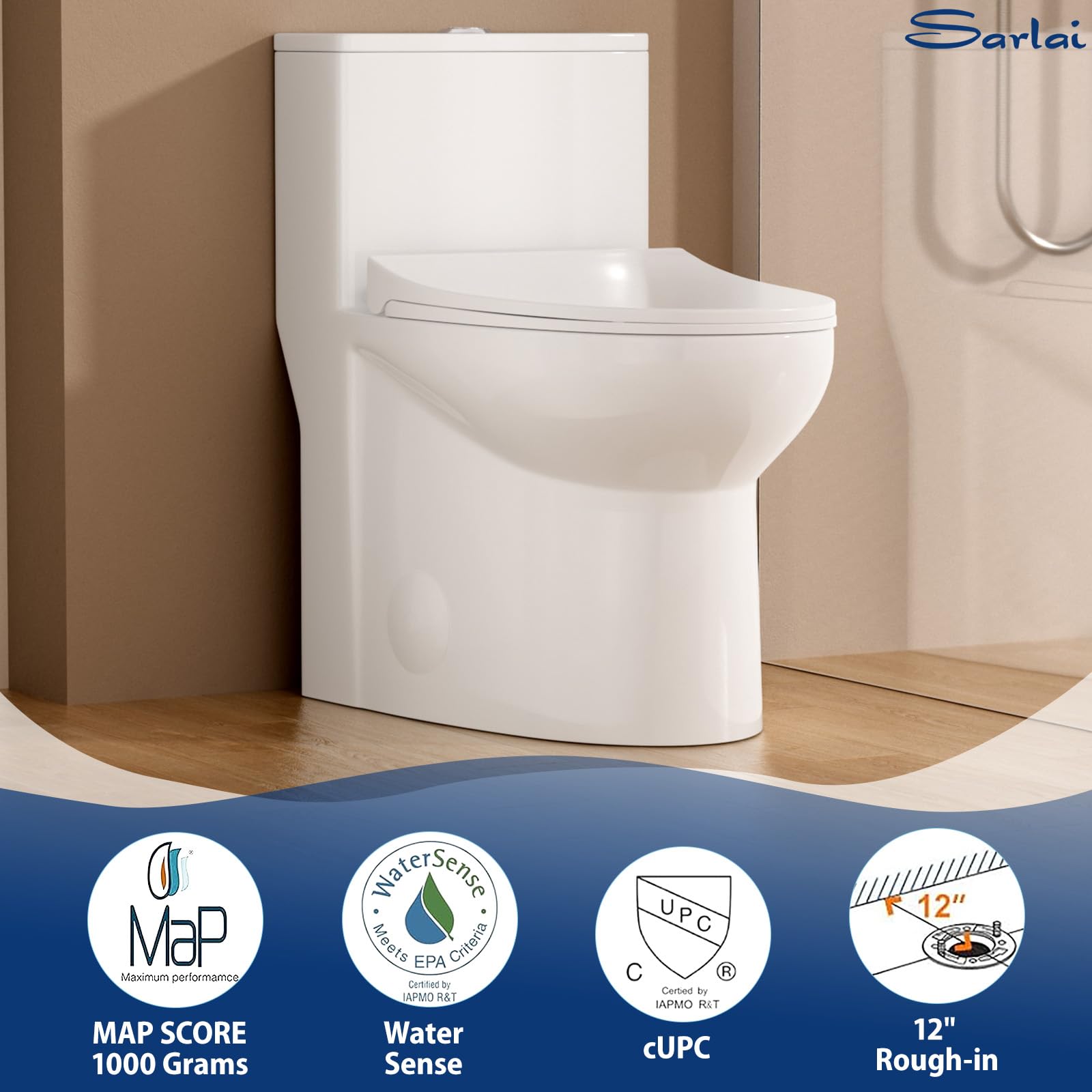 Sarlai One Piece Elongated Comfort Height Bathroom Toilet, Dual Flush 1.1/1.6 GPF White Ceramic with Soft-Close Seat, 12'' Rough-In