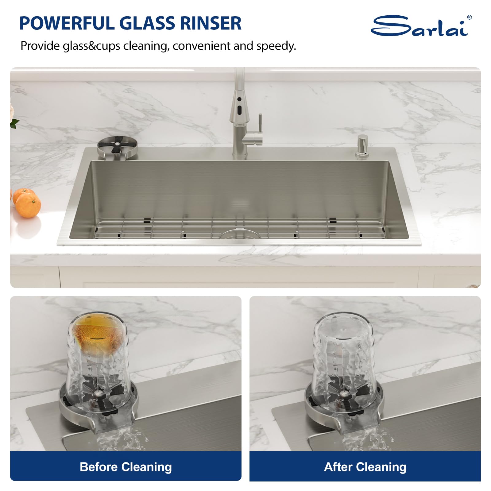 Sarlai 33''x22'' Deep Drop-In Stainless Steel Kitchen Sink, 16 Gauge Topmount Single Bowl with Cup Rinser, Soap Dispenser & Faucet