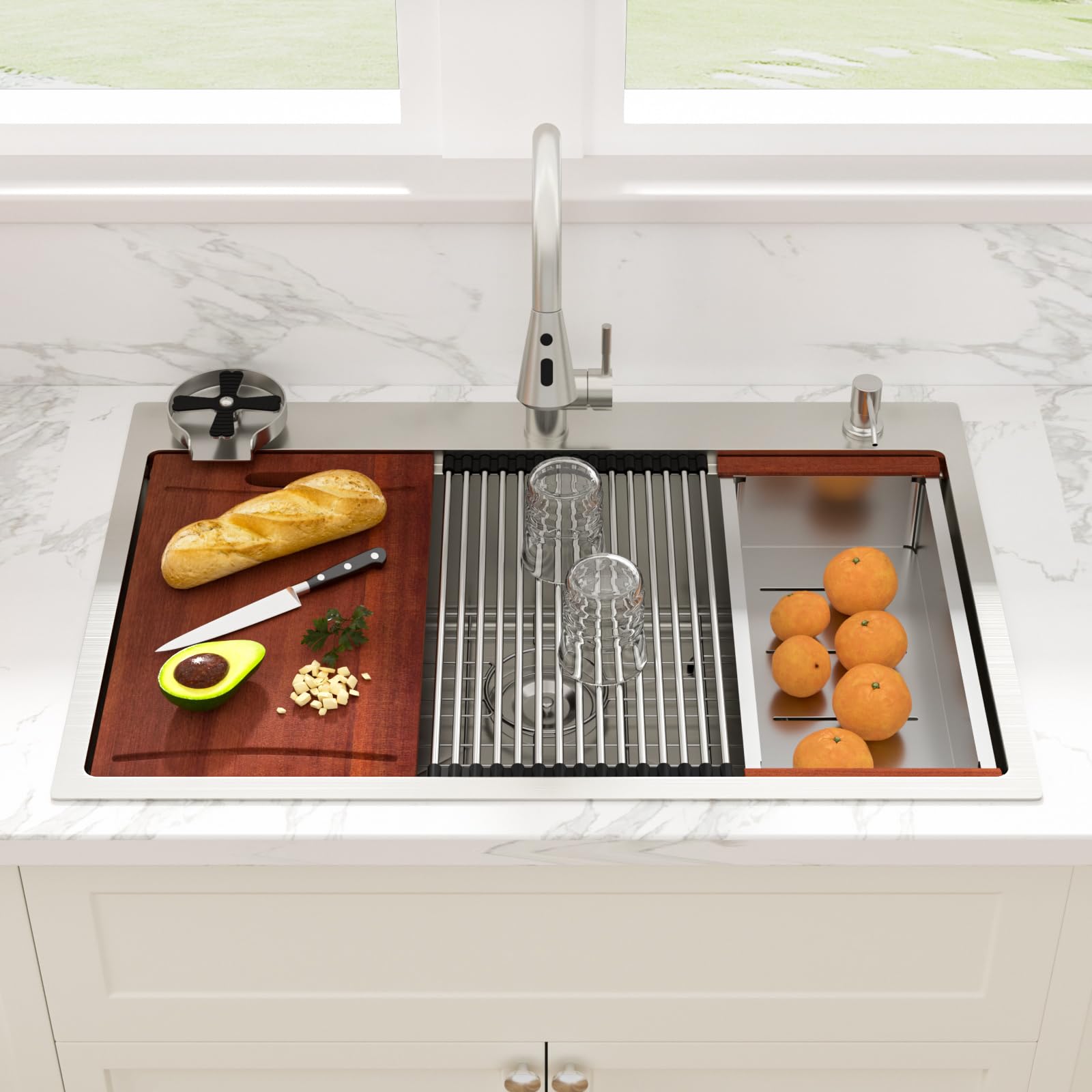 Sarlai 33''x22'' Drop-In Workstation Stainless Steel Sink, 16 Gauge Topmount Single Bowl with Cup Rinser, Soap Dispenser & Kitchen Faucet