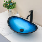 Sarlai 21''x14'' Blue Boat Shape Bathroom Vessel Sink, Modern Artistic Tempered Glass Countertop Basin with Black Faucet & Pop-up Drain