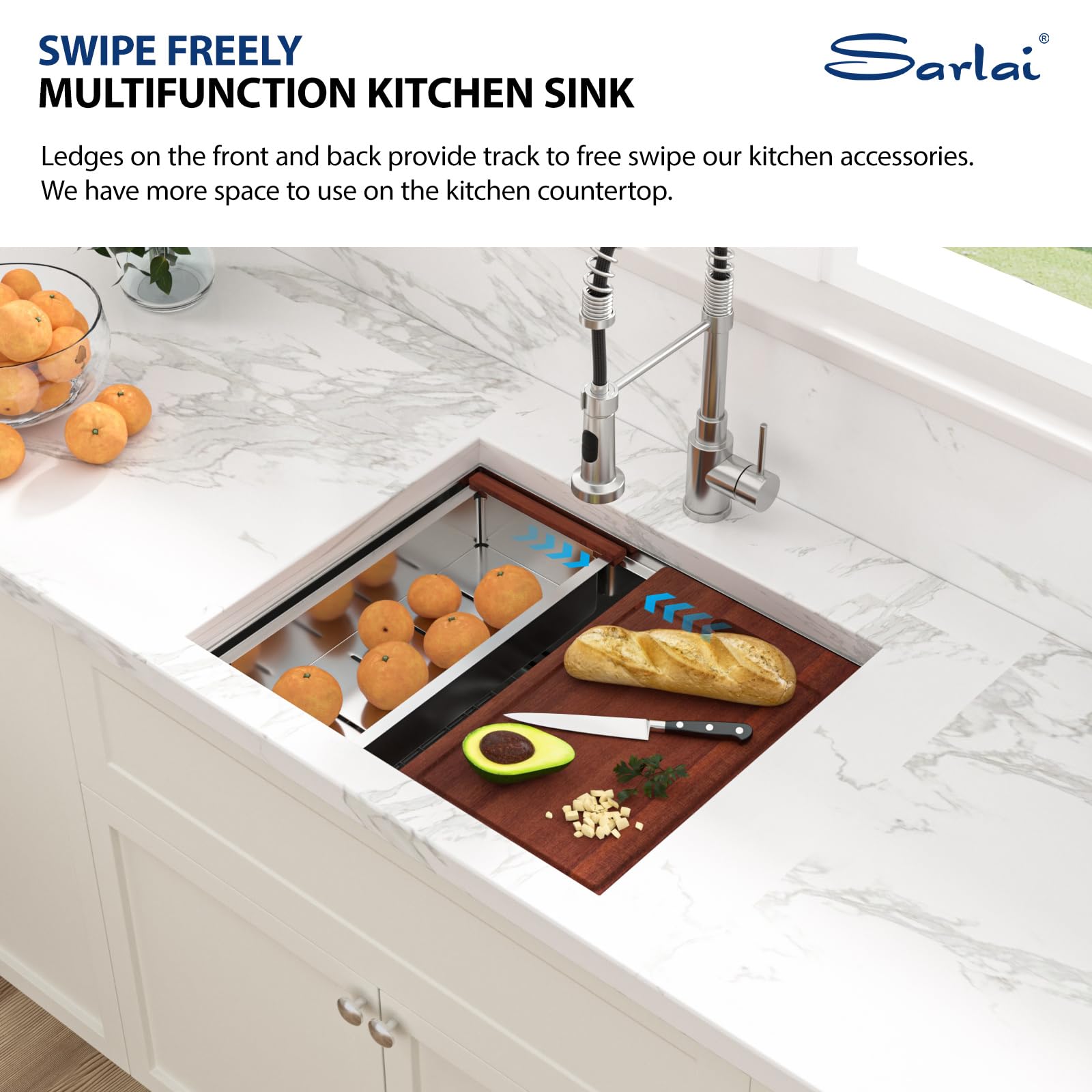 Sarlai 23'' Undermount Single Bowl Stainless Steel Workstation Kitchen Sink