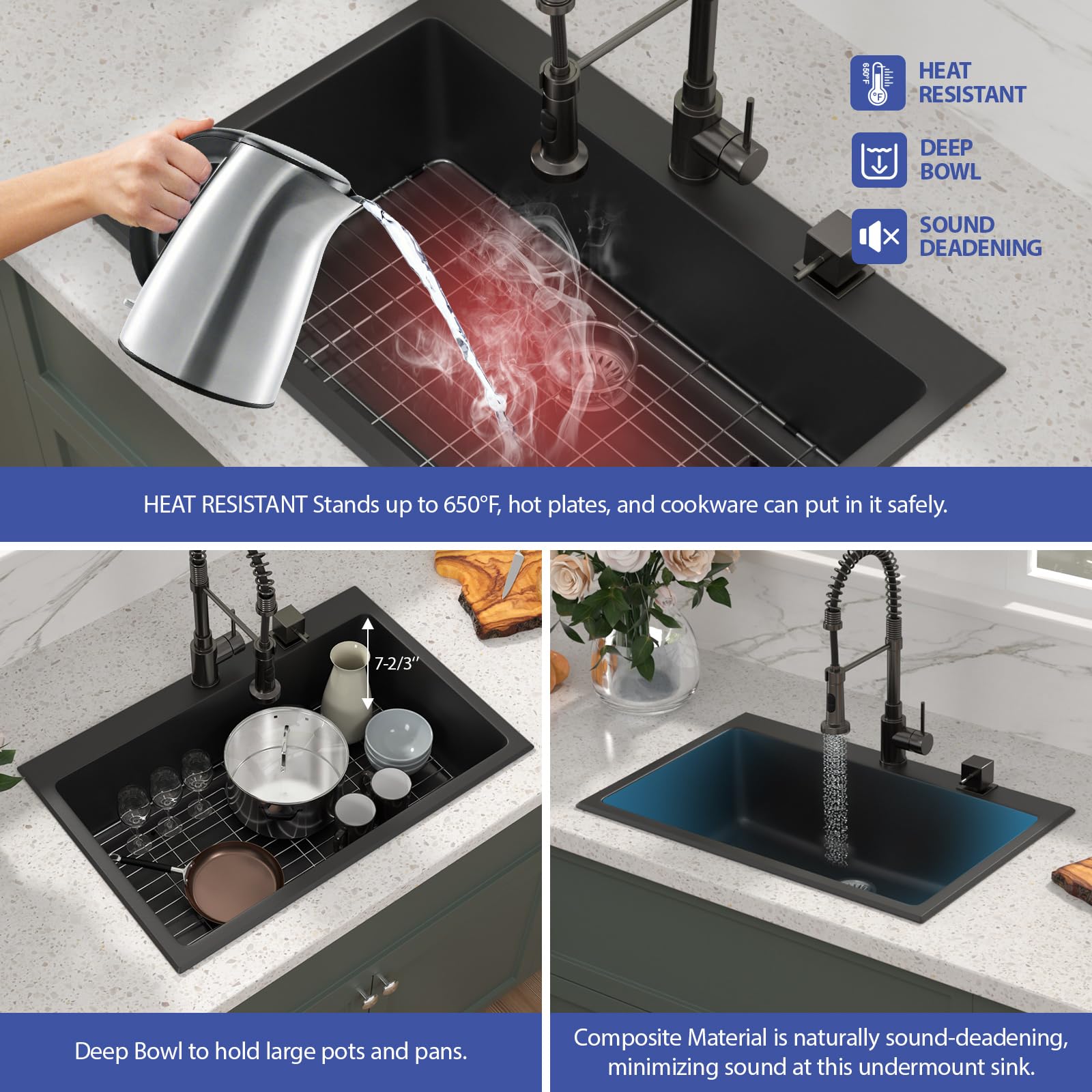 Sarlai 33in Drop In Matte Black Single Bowl Granite Quartz Composite Kitchen Sink