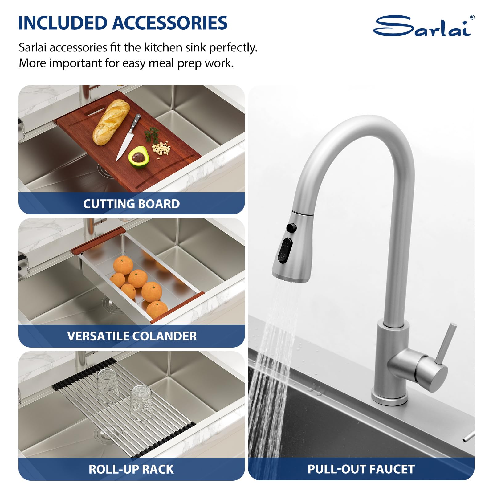Sarlai 33''x22'' Drop-In Workstation Stainless Steel Sink, 16 Gauge Topmount Single Bowl with Cup Rinser, Soap Dispenser & Kitchen Faucet