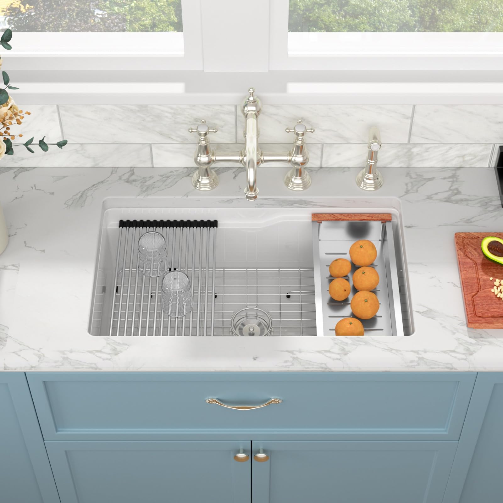 Sarlai 32''x19''x10'' White Fireclay Workstation Kitchen Sink, Dual Mount Undermount & Drop-In Single Bowl Ceramic Basin