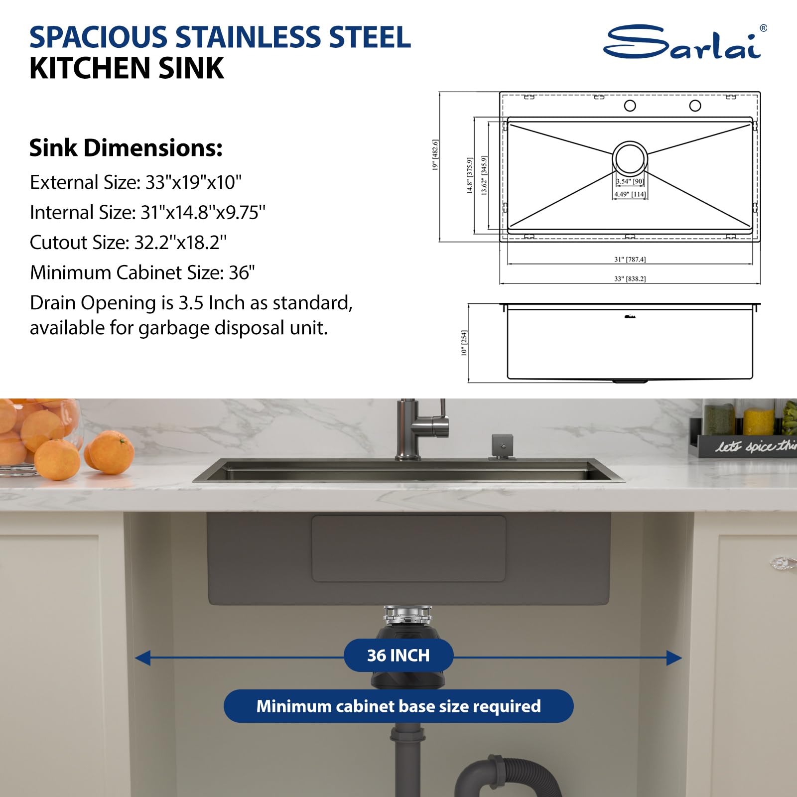 Sarlai 33in Black Drop In Single Bowl Stainless Steel Workstation Kitchen Sink