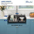 Sarlai 33''x22'' 60/40 Low Divide Double Bowl Black Granite Composite Kitchen Sink, Drop-In Ledge Workstation Quartz Composite Above Counter Basin