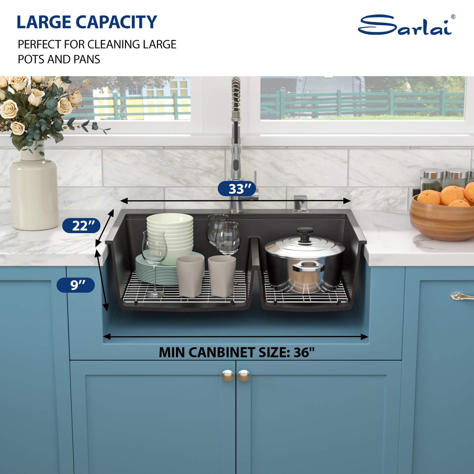 Sarlai 33''x22'' 60/40 Low Divide Double Bowl Black Granite Composite Kitchen Sink, Drop-In Ledge Workstation Quartz Composite Above Counter Basin